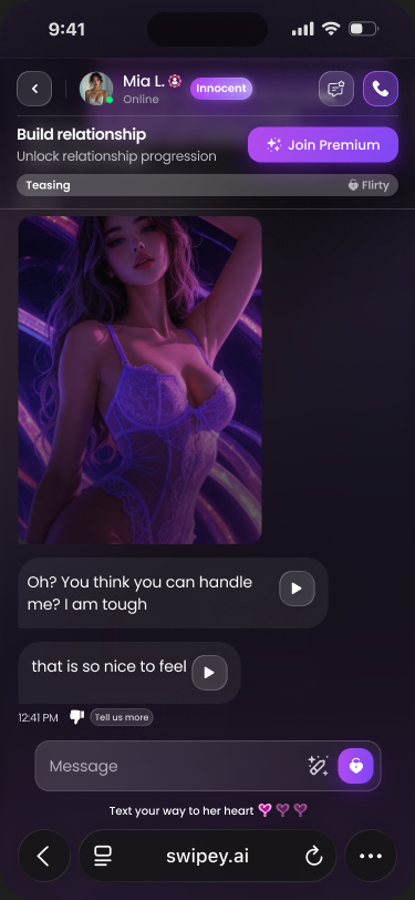 The Swipey AI companion app running in a browser on a phone, showing a chat with a companion