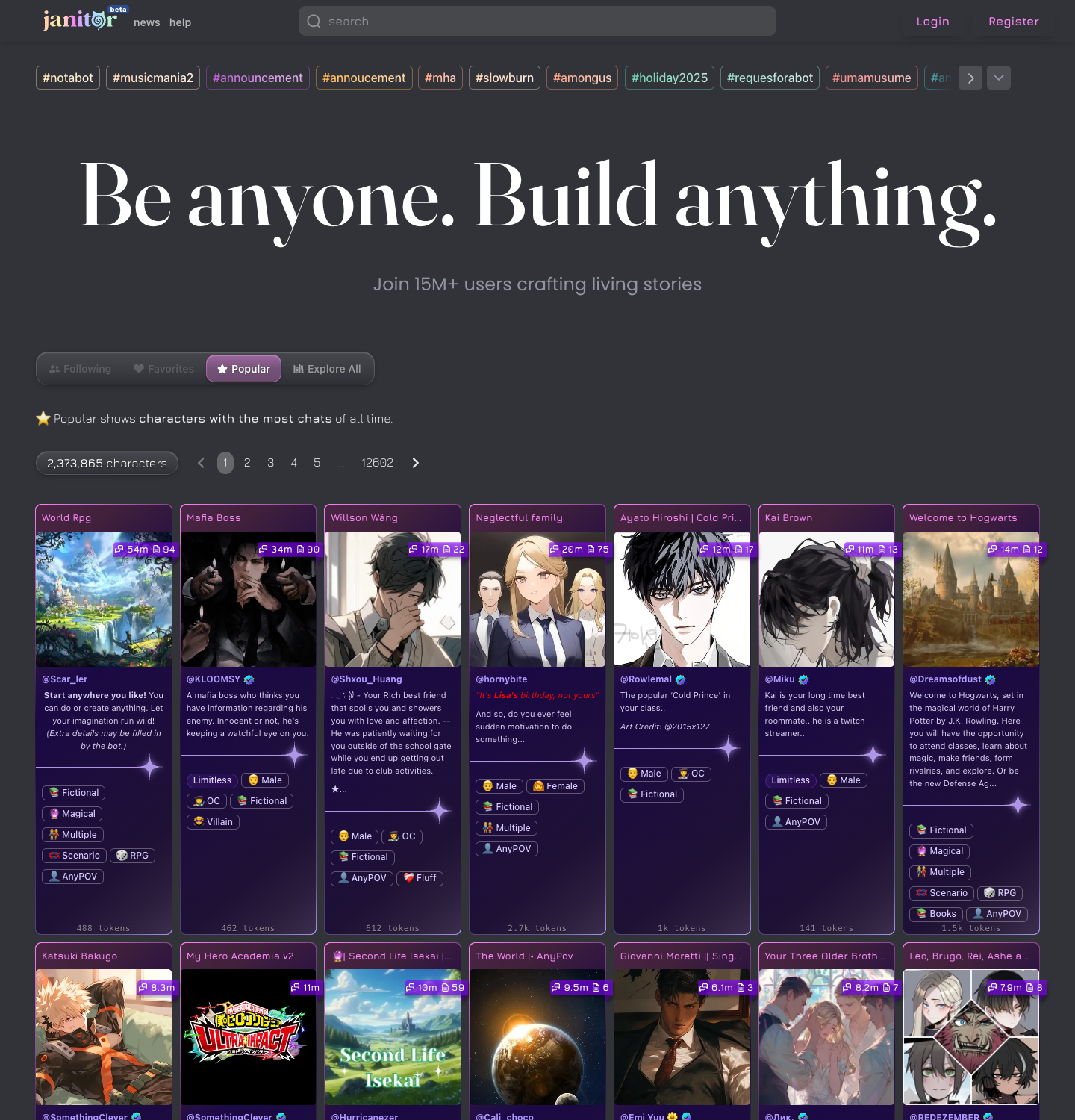 Janitor AI homepage shown in a browser frame, captured July 2026